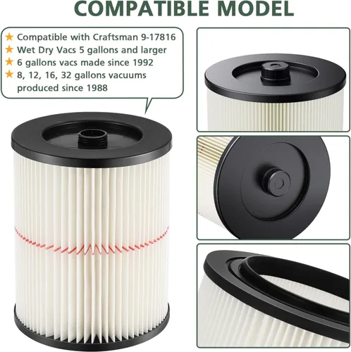 Miniatura 3 de 9-17816 - Filtro de cartucho de vacío de rayas rojas de repuesto compatible con Craftsman Wet/Dry 5/6/8/12/16/32 galones y más grandes (paquete de 2)