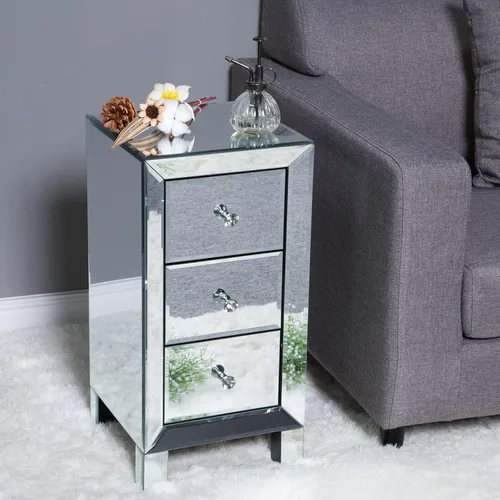 Miniatura 2 de VINGLI Mesita de noche con espejo con 3 cajones, mesa auxiliar plateada con espejo para espacios pequeños, dormitorio, sala de estar