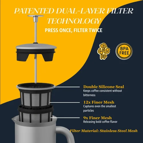 Miniatura 5 de ESPRO P7 Prensa Francesa de Acero Inoxidable Cepillado 304 – Cafetera de Prensa Francesa Aislada de Doble Pared con Micro-Filtro Patentado