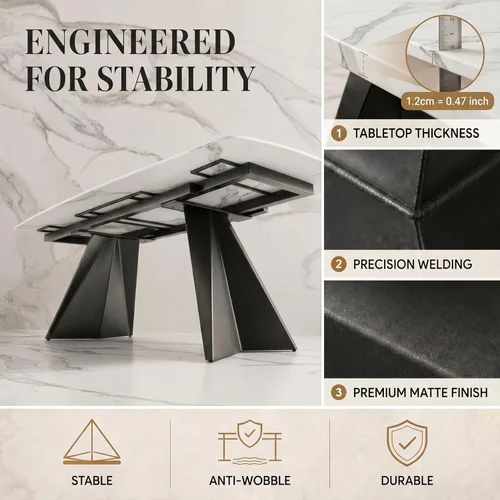 Miniatura 9 de Mesa de comedor extensible con extensión, 65"-95" piedra sinterizada rectangular, superficie con aspecto de mármol, para 6-12 personas, base