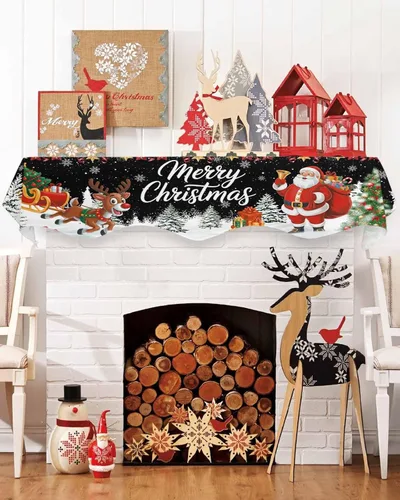 Miniatura 3 de Bufanda de repisa de Navidad de 60 x 17 pulgadas, decoración de chimenea de Papá Noel de Navidad color negro, cubierta de mantel de invierno
