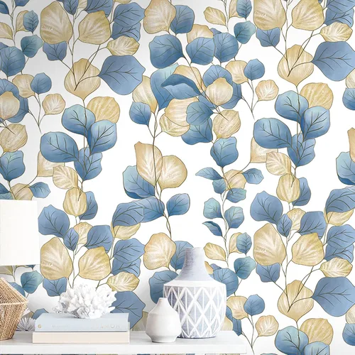 Vinjiasin Papel tapiz bohemio para despegar y pegar, papel de contacto de hojas azules, papel tapiz floral moderno, autoadhesivo, extraíble, papel