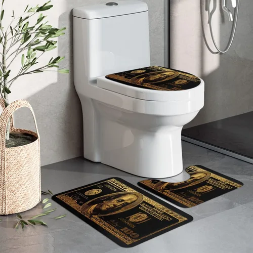 Miniatura 4 de GUBIYU Juego de alfombras de baño de 100 dólares, color negro y dorado, juego de alfombras de baño con dinero, tapete de baño antideslizante