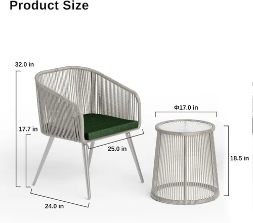 Miniatura 2 de East Oak Juego de 3 piezas para patio bistró, juego de conversación de patio con 2 sillas ergonómicas anchas, cojines y mesa auxiliar de cristal