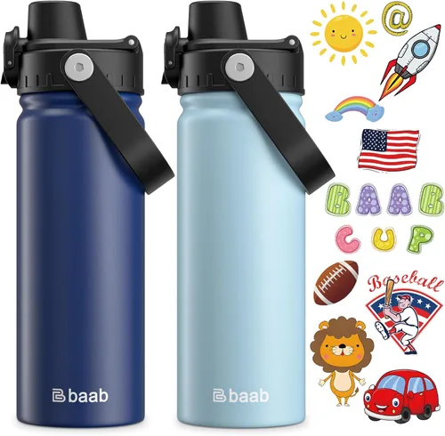 baab Botella de Agua para Niños de 18 oz, Botella de Agua Aislada para Niños con Tapa de Boquilla Bloqueable y Calcomanías, Taza de Agua para Niños
