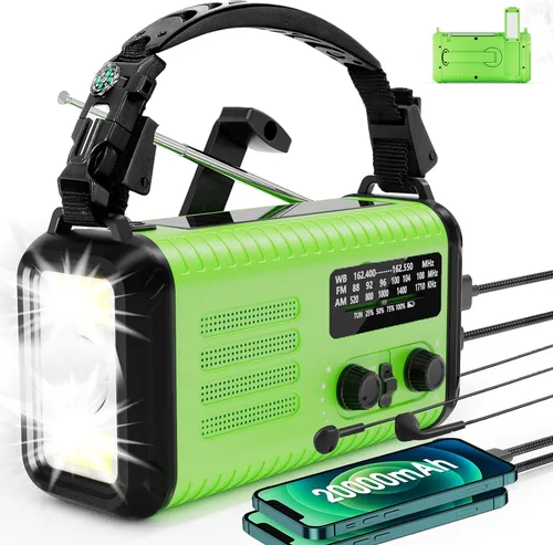 Miniatura 7 de Radio meteorológica de 20000 mAh NOAA/AM/FM, radio de emergencia, manivela, linterna solar, cargador de teléfono, lámpara de lectura, conector