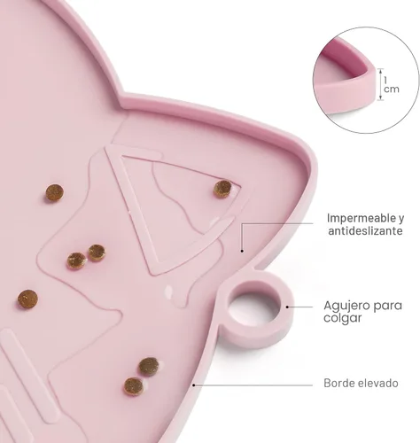 Miniatura 3 de Coomazy Tapete para comida y agua para gatos, alfombrilla de silicona antideslizante más gruesa con borde elevado (rosa, mediano)