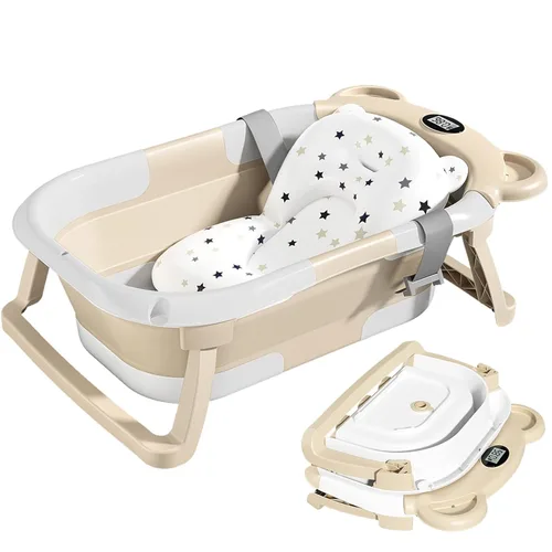 Miniatura 8 de TPN - Bañera plegable para bebés con cojín suave y termómetro en tiempo real, bañera portátil de viaje para recién nacidos e infantes