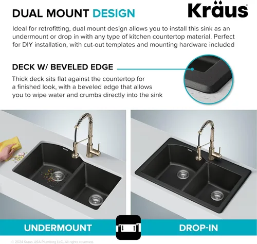 Miniatura 6 de Kraus Forteza - Fregadero de cocina de doble seno 50/50 de granito de instalación empotrada/sobre encimera, 33 pulgadas, color negro (KGD-52BLACK)