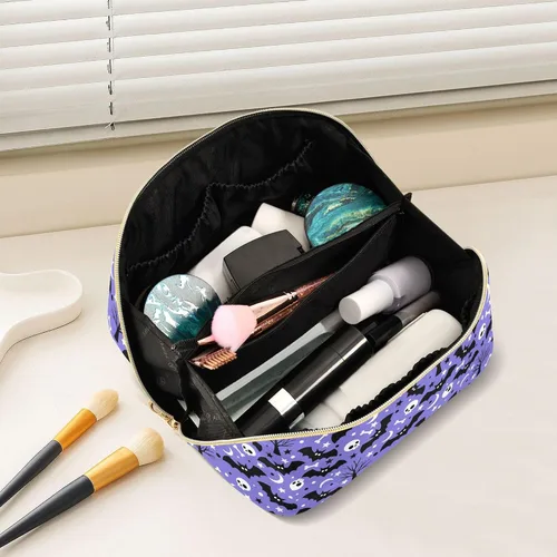 Miniatura 2 de Bolsa Organizadora de Maquillaje, Bolsa de Maquillaje de Halloween con Murciélagos Negros y Cielo Nocturno con Estrellas, Bolsa de Maquillaje