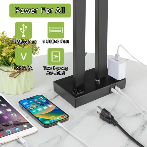 Miniatura 3 de Juego de lámparas de mesa modernas de 2 a 22 pulgadas de alto con puertos de carga USB-C/USB-A y tomacorriente, tela regulable continua, lámparas