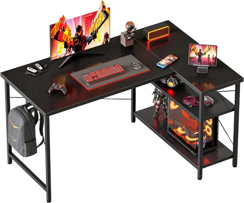 Miniatura 38 de Mericonia Escritorio pequeño en forma de L para computadora con tomas de corriente, escritorio de juegos para espacios pequeños, escritorio
