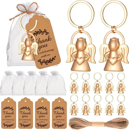24 llaveros y llaveros diseñados por ángeles para baby showers y bodas, regalos de fiesta, recuerdos de invitados o decoraciones, con etiquetas y