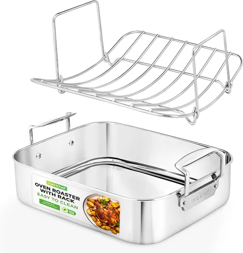 NutriChef Asador de cocina de acero inoxidable de 14 pulgadas con rejilla de alambre pulido, versátil juego de hornear para pavo, pollo, carnes y