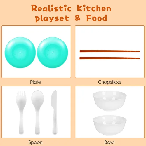 Miniatura 8 de 60 piezas de accesorios de cocina de juego para niños, juego de cocina simulada con ollas y sartenes, vajilla y conjuntos de frutas y barbacoa, Verde