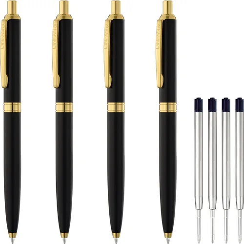 LINFANC - 4 bolígrafos de paquete, bolígrafo de bola retráctil de metal premium, negro mate con ribete dorado, bolígrafo de punta media de 1.0mm de