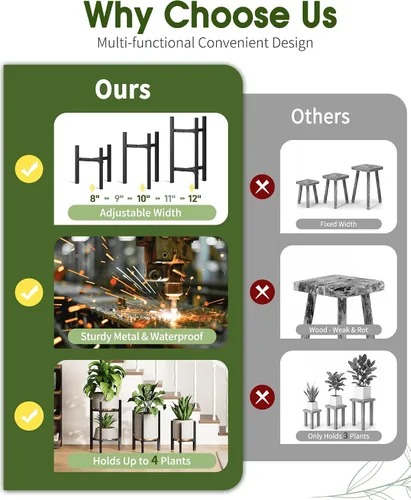 Miniatura 5 de Paquete de 3 soportes para plantas ajustables para interiores, soporte moderno de metal para plantas de interior, soportes resistentes para plantas