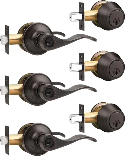 Miniatura 16 de Gobrico Keyd Alike - Manija de puerta de entrada y cerrojo de un solo cilindro en níquel satinado, palanca estilo onda con cerradura y cerrojo