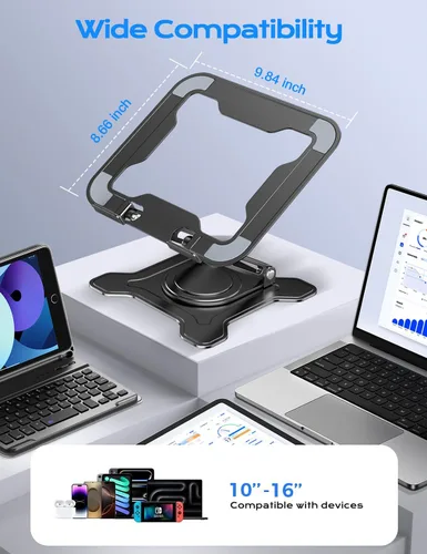 Miniatura 6 de JCZT Soporte ajustable para computadora portátil, base giratoria de 360°, soporte ergonómico para computadora, elevador plegable para oficina y Negro