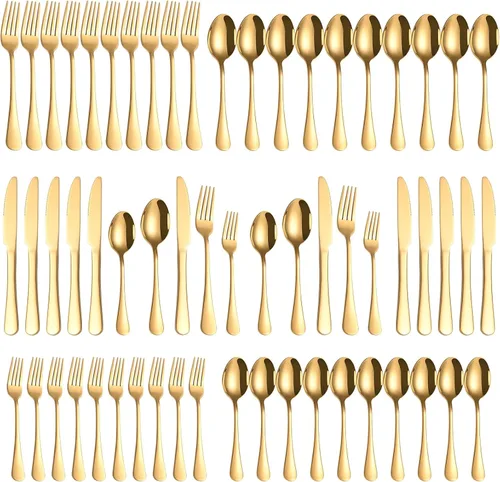 Juego de cubiertos dorados de 60 piezas para 12, cubiertos de acero inoxidable con 5 ajustes de lugares, tenedores pulidos con espejo, cuchillos,