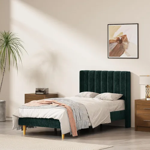 Miniatura 40 de Base de cama Queen con cabecero, base de cama de plataforma con respaldo de terciopelo vertical copetudo, soporte de listones de madera, no necesita