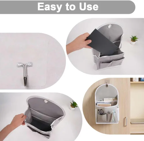 Miniatura 6 de Paquete de 2 bolsas de almacenamiento para colgar en la pared con bolsillos, cesta organizadora de casillero con gancho adhesivo, organizador de Gris
