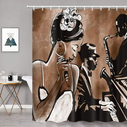 Miniatura 3 de Cortina de ducha de jazz para mujer americana, africana, afro negra, canto música jazzista, afrocéntrica, arte negro, estilo grunge, tela