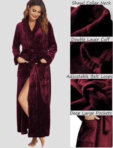 Miniatura 2 de Ekouaer Bata de forro polar para mujer bata larga de baño de felpa con cuello chal ropa de dormir de longitud completa con bolsillos
