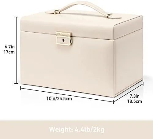Miniatura 5 de Vlando Caja organizadora de joyas de terciopelo para mujer caja grande de almacenamiento de joyas de cuero con cerradura espejo 3 cajones para reloj