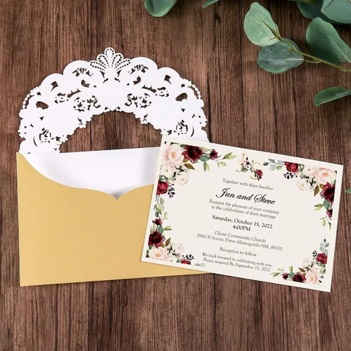 Miniatura 2 de DORIS HOME 50 tarjetas de invitación de encaje floral dorado blanco cortado con láser con sobres para invitaciones de boda, despedida de soltera