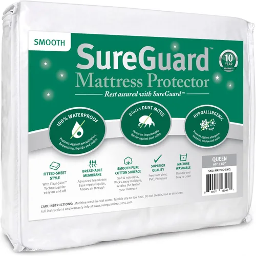 Miniatura 13 de Protector de colchón de SureGuard, 100% impermeable, hipoalergénico, de algodón de primera calidad, gemelo, Blanco