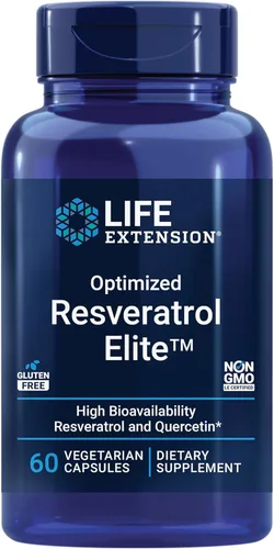 Life Extension Resveratrol Elite optimizado, trans-resveratrol, quercetina, envejecimiento saludable, salud cardíaca, salud cerebral, estrés