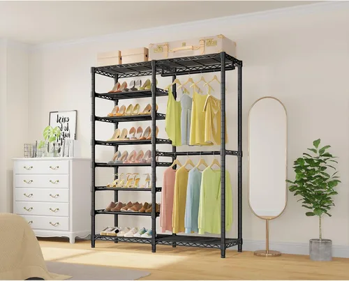 Miniatura 3 de VIPEK S2 Perchero resistente para ropa con estantes para zapatos, perchero independiente con estante para zapatos de 6 niveles, doble barra