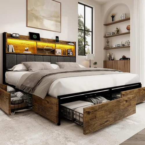 Miniatura 13 de BRELTAM Base de cama Queen con 6 cajones de almacenamiento, cabecera tapizada de lino, estación de carga USB integrada e iluminación LED, soporte