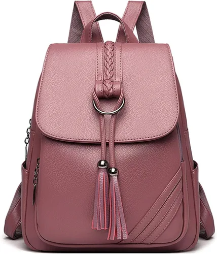 Miniatura 9 de FANDARE Mochila vintage para mujer con borla, mochila de cuero PU para mujer, Negro, Grande