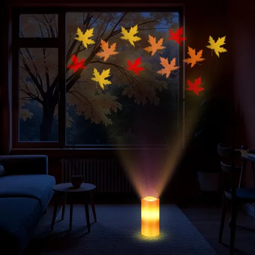 Miniatura 7 de Baquler Velas sin Llama con Proyector de Hojas de Arce Otoñales, Luces LED de Acción de Gracias, Luz Nocturna de Otoño con Control Remoto