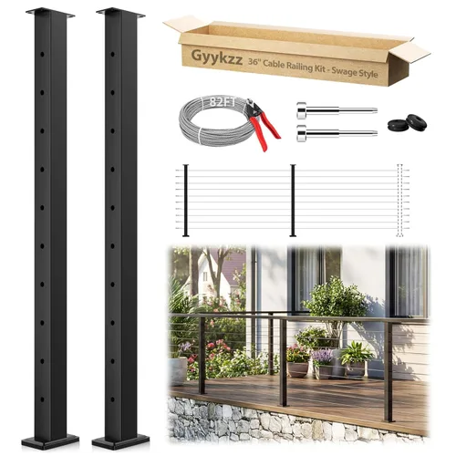 Miniatura 14 de Poste de escalera con barandilla de cable negro de 36 pulgadas con parte superior fija inclinada, poste de riel de alambre de acero inoxidable T304