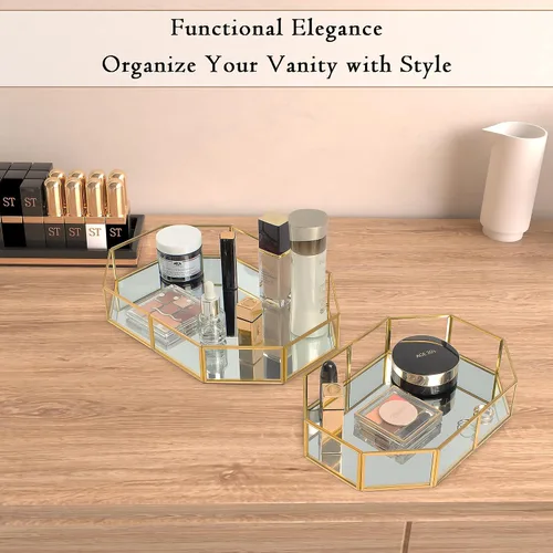 Miniatura 6 de Juego de 2 bandejas doradas, bandeja de baño con marco de metal, bandeja decorativa de perfume para tocador, baño, joyería o decoración del hogar