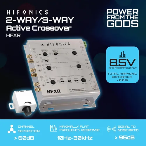 Miniatura 2 de Hifonics HFXR Crossover activo de 2 vías/3 vías, crossover de audio para automóvil con control remoto de graves