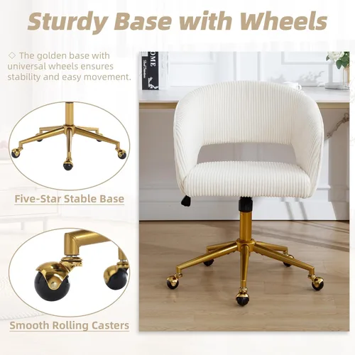 Miniatura 7 de Silla de escritorio ABET con ruedas, silla de oficina de corduroy, silla giratoria con base dorada, sillas acentuadas modernas tapizadas, respaldo