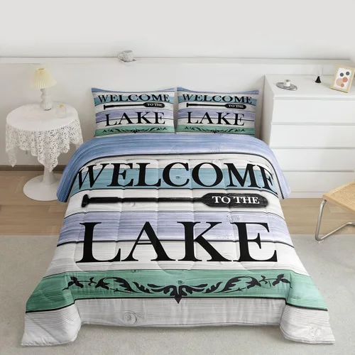 Miniatura 2 de Juego de ropa de cama King para casa del lago, juego de edredón de paleta de madera retro para regalos para amantes del lago, inserto de edredón