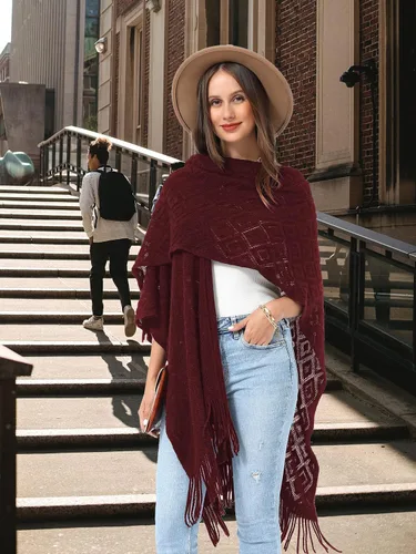 Miniatura 20 de Soul Young - Chal de punto para mujer, poncho con flecos y capa