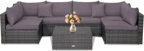 Miniatura 18 de Tangkula - Juego de sofá de ratán de 5 piezas, conjunto de muebles de mimbre para patio de Patiojoy con cojines de asiento y respaldo, mesa