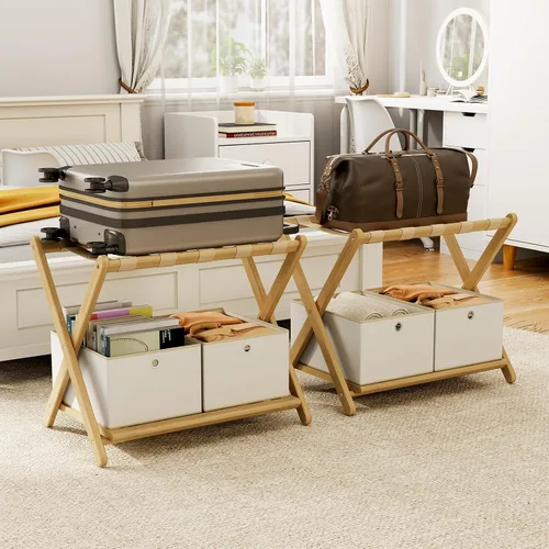 Miniatura 15 de oakvivo Portaequipajes negro totalmente montado para habitación de invitados, soporte plegable de bambú para maleta con 5 correas de nailon, soporte