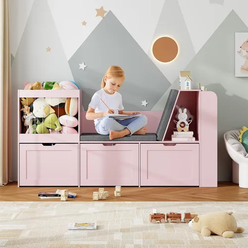 Miniatura 7 de Rincón de lectura para niños de 66.9 pulgadas, organizador de almacenamiento de juguetes con almacenamiento de animales de peluche, banco y cojines
