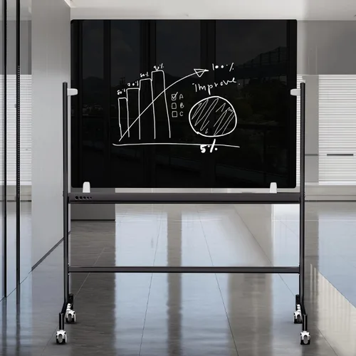 Miniatura 3 de Pizarra magnética de vidrio móvil negro sobre ruedas de 48 x 36 pulgadas, altura ajustable, caballete portátil, pizarra de borrado en seco de vidrio