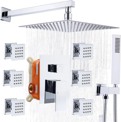 Miniatura 30 de Enga Sistema de ducha con chorros corporales de 12 pulgadas, ducha de lluvia montada en la pared y pulverizadores de mano de latón de cuerpo
