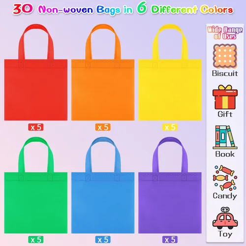 Miniatura 3 de Aneco 30 bolsas de regalo no tejidas de 8 x 8 pulgadas, bolsa de regalo de fiesta, bolsa de tela reutilizable arcoíris para fiesta de cumpleaños