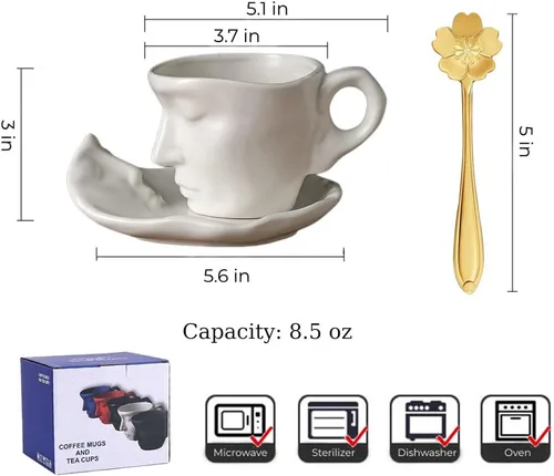 Miniatura 5 de ONEUSTAR Juego de taza de té y platillo de 8.5 onzas, taza de café de cerámica hecha a mano con cuchara para mujer, día de San Valentín, boda