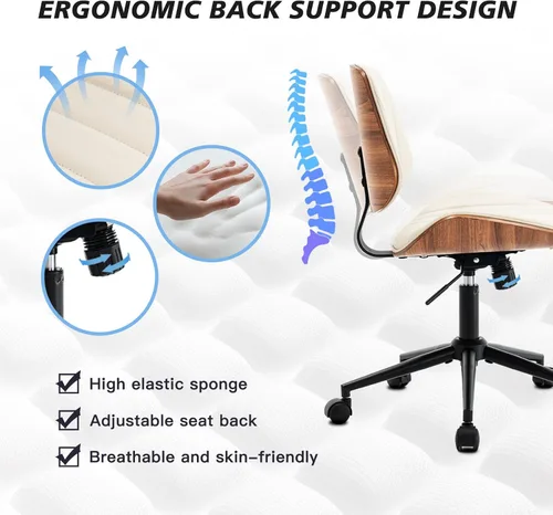 Miniatura 3 de Silla de escritorio sin brazos con ruedas giratorias de 360°, silla de computadora ergonómica de altura ajustable para oficina en casa, piel Beige